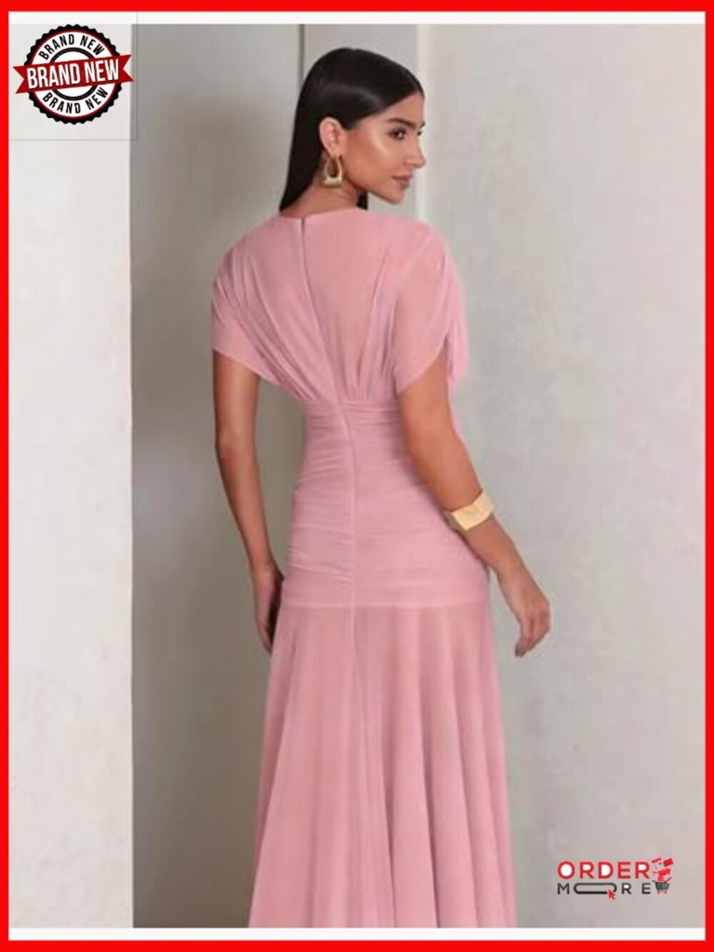 Elegant Formal V Neck Mesh Cap Sleeve Bodycon Ruched Ruffle Hem Long Maxi Dress - Picture 4 of 7